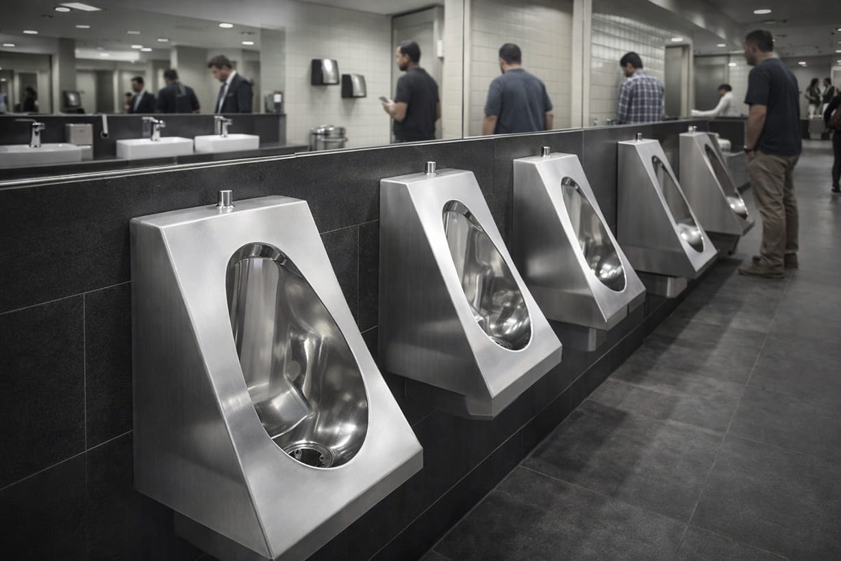 Modern men's public restroom with stainless steel urinals installed along a tiled wall in a commercial bathroom interior.